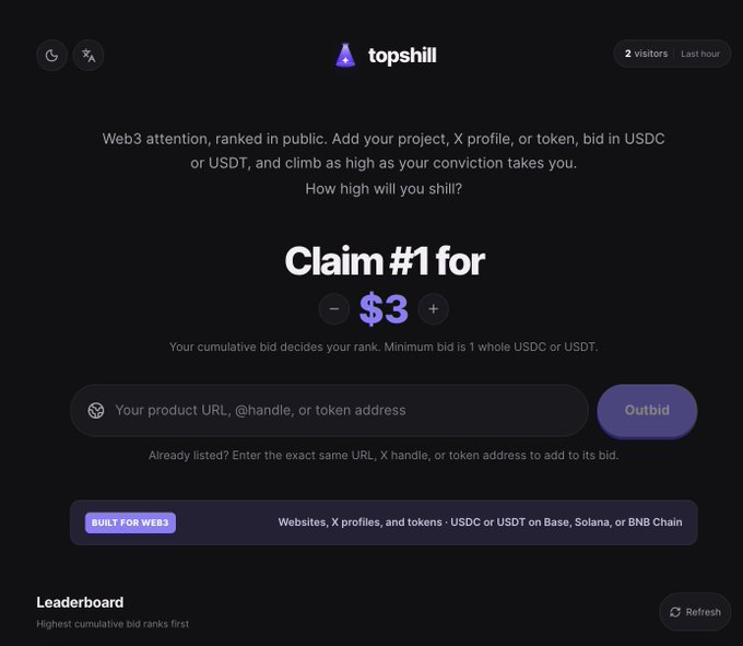 A dark-themed webpage for 'topshill' describing 'Web3 attention, ranked in public' with a 'Claim #1 for $3' bid input, a URL entry field, and an 'Outbid' button.