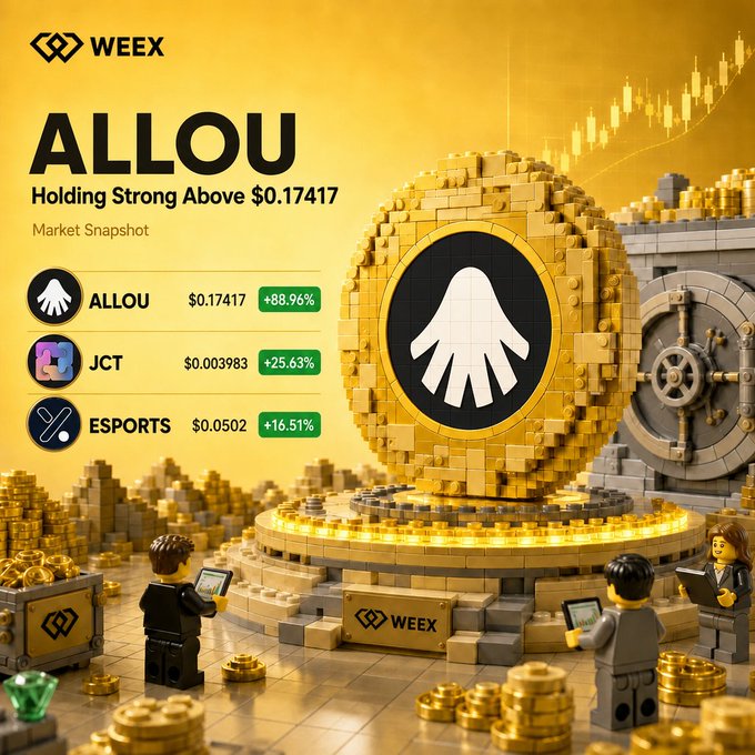 The image features a group of people holding a golden cube, with one person holding up their leg over the cube. The image also includes text about cryptocurrency, such as "ALLOU" and "market is picking up $0.17417 +88.96% JCT $0.003983 +25.63% ESPORTS $0.0502 +16.51% Who leads next? Comment your pick Invite". The people are positioned in the center of the image, with one person holding their leg above the golden cube.