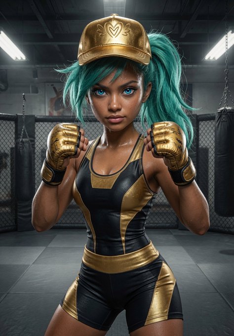 A digital illustration of a young female fighter with bright teal hair in a ponytail, wearing a gold heart-logo cap, gold boxing gloves, and a black and gold athletic outfit, posed in a boxing stance in a gym with punching bags in the background.