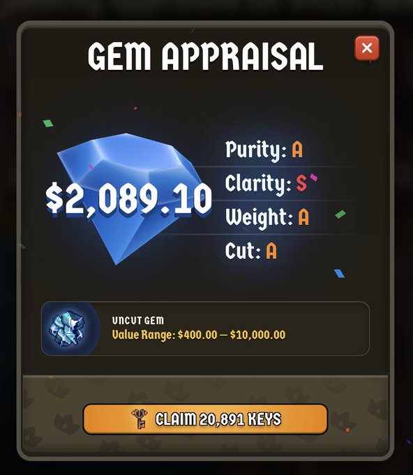 The image shows a "Gem Appraisal" screen from a game displaying an uncut gem valued at $2,089.10 with grades of A Purity, S Clarity, A Weight, and A Cut, offering 20,891 keys to claim. The post suggests the player feels something went wrong with this appraisal result, likely implying the gem's value or grading seems unusually high or low for what they received.