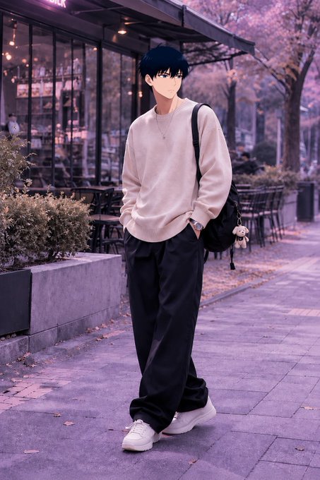 An anime-style young man with dark hair wearing a cream sweater, black pants, and white sneakers, standing on a purple-tinted urban sidewalk with a black shoulder bag.
