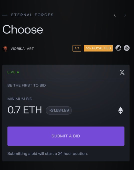 An NFT auction interface on the "ETERNAL FORCES" collection with a minimum bid of 0.7 ETH (~$1,684.89) and a "SUBMIT A BID" button.