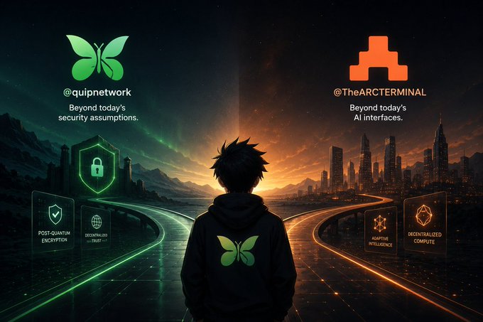 A futuristic split-image digital illustration featuring '@quipnetwork' (Beyond today's security assumptions) on the left and '@TheARCTERMINAL' (Beyond today's AI interfaces) on the right, with a hooded figure standing between two technological paths.