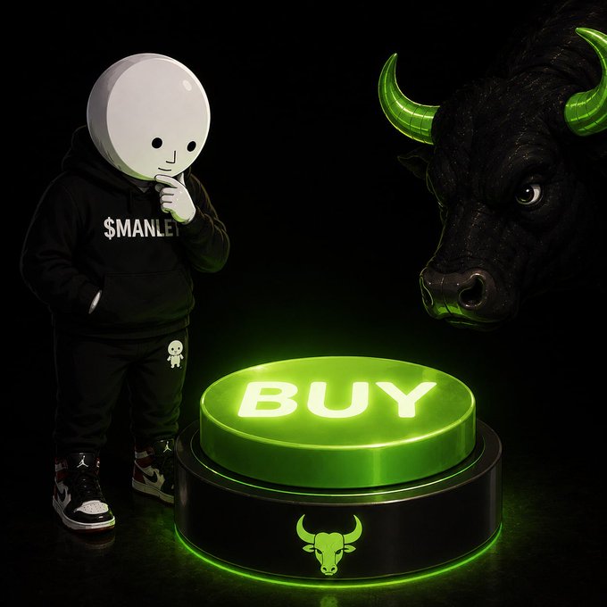 A small cartoon figure wearing a hoodie labeled "$MANLET" contemplates a glowing green "BUY" button next to a menacing bull, symbolizing the bullish momentum and constant buy pressure that the $MANLET token creates for $ANSEM, encouraging viewers to follow the bet.
