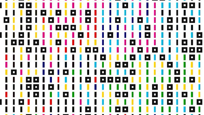 A vibrant, abstract pattern consisting of scattered colored vertical lines in pink, yellow, blue, green, and red, interspersed with small black square outlines on a white background.