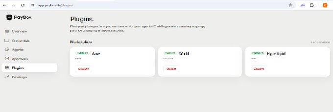 A screenshot of the PayBox app's Plugins page on app.paybox.cash/plugins, showing "3 of 3 available" marketbox plugins: Aave (labeled "Swap"), Wallet, and Hyperliquid (both labeled "Enabled"), illustrating that Hyperliquid and Aave have been activated to enable perpetual trading.
