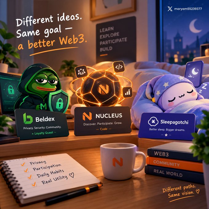 A promotional graphic titled "Different ideas. Same goal — a better Web3." featuring three Web3 projects: Beldex ("Privacy. Security. Community."), Nucleus ("Discover. Participate. Grow."), and Sleepagotchi ("Better sleep. Bigger dreams."), displayed alongside a notebook listing Privacy, Participation, Daily Habits, and Real Utility, with the tagline "Different paths. Same vision."
