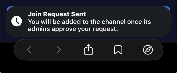 A mobile screenshot showing a 'Join Request Sent' notification stating the user will be added once admins approve, with navigation icons below.