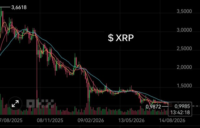 A financial chart displaying '$ XRP' showing a steep downward price trend from 3.6618 to 0.9872 between 07/08/2025 and 14/08/2026.