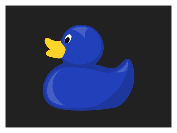 A simple cartoon illustration of a blue rubber duck with a yellow beak against a black background.