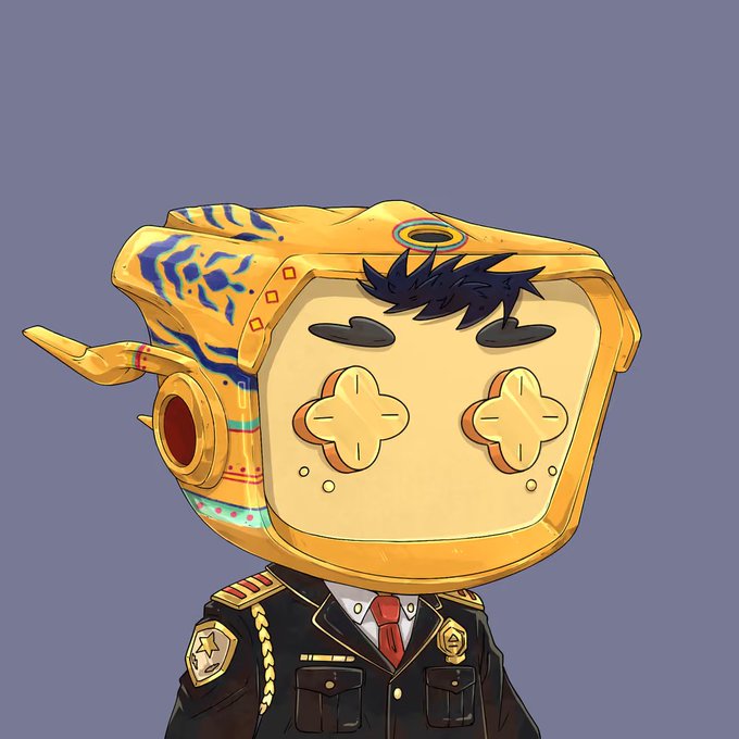 Digital illustration of a cartoon character with a golden robot/TiAC helmet, spiky hair, and a military-style uniform with red tie.