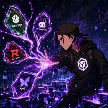 An anime-style figure in a black hoodie and cap conjures glowing purple energy around branded logos including "canopy," "sleepagotchi," "RACECØRE," and "quip," visually representing the Web3 collaborations highlighted in the post.