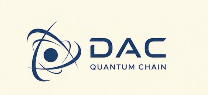 Logo for 'DAC Quantum Chain' featuring a stylized atom symbol in dark blue on a cream background.