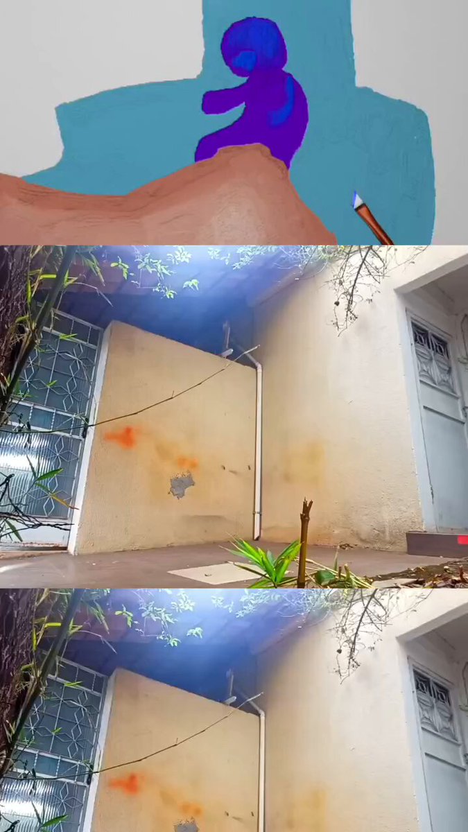 The image consists of three photos, each showing different parts of a house or building. In one photo, there's an open door with a person holding a rollerblades inside. The second photo shows a person sitting on top of a wall next to a window. The third photo depicts the same person standing in front of another door. The post also includes text that reads "GM with art and rollerblades. Have a great tezostuesday fams".