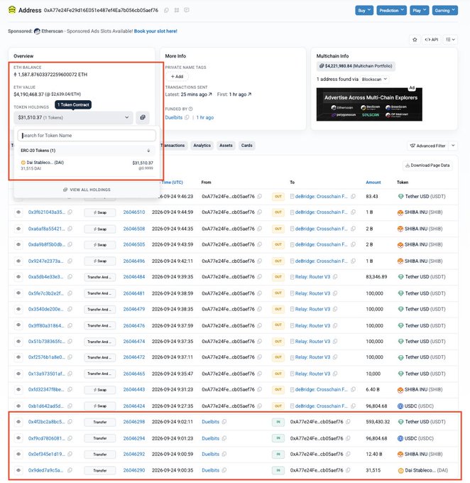 A blockchain explorer screenshot showing Ethereum wallet address activity with an ETH balance of $1,587.87 ($2839.04 ETH), holding $1,310.37 in tokens, with multiple transactions involving SHIBA INU, Tether USD, and USDC visible in the transaction list.