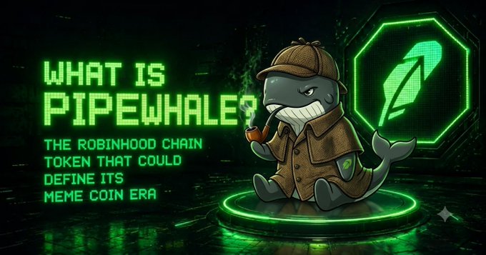 A promotional graphic features a detective whale character smoking a pipe with the text 'WHAT IS PIPWHALE? THE ROBINHOOD CHAIN TOKEN THAT COULD DEFINE ITS MEME COIN ERA' in glowing green letters.