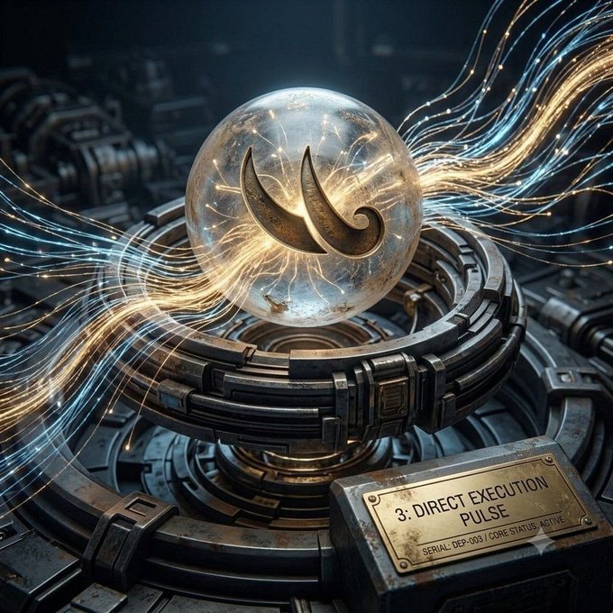A glowing translucent orb etched with a crescent symbol hovers above a metallic ring mechanism, surrounded by flowing streams of blue and gold light, with a plaque reading "3: DIRECT EXECUTION PULSE / SERIAL DEP-093 / CORE STATUS: ACTIVE" mounted on the structure below. The image visually evokes a futuristic data engine processing real-time information streams, reinforcing the post's theme of prediction markets as an advanced, unified data layer that transcends traditional betting platforms.