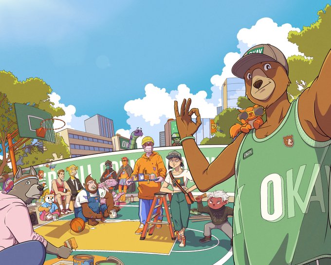 The illustration shows a vibrant outdoor basketball court where anthropomorphic animals, including a prominent bear in a green "OKAY" jersey making an "OK" hand gesture, a raccoon painter, and a fox, gather alongside human figures in a colorful, cartoon-style scene with city buildings in the background. The image ties to the post's message of Solana ecosystem projects coming together to "paint the next court," symbolizing collaboration across the Web3 community to build something greater than individual success.