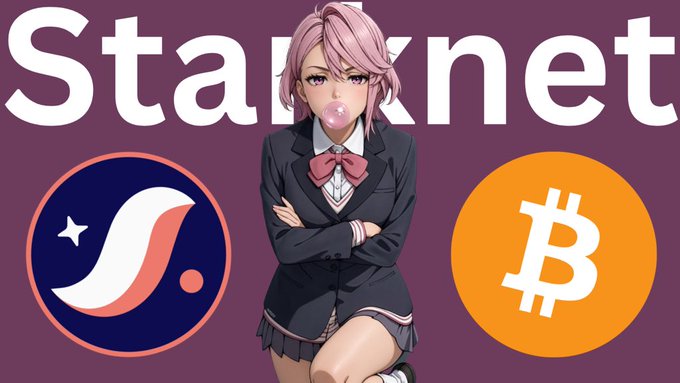 An anime-style illustration of a pink-haired girl blowing a bubble gum bubble, positioned between a logo with an 'S' and a Bitcoin symbol against a background reading 'Starknet'.