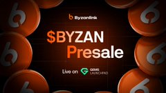 An advertisement banner for '$BYZAN Presale' by Byzanlink featuring orange coin graphics and a 'LIVE on CoinMarketCap' badge.