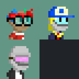 Pixel art portraits of three stylized characters with a red bandana, blue cap, and white helmet are arranged above a blocky cityscape, complementing a crypto sweep announcement that tracks 3 NFT regenerates for 0.1426 ETH ($265.12) purchased by wallet 0x41d3…CDde.