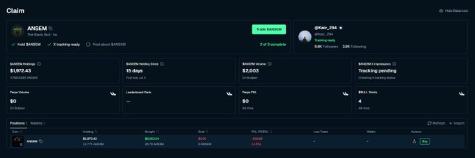 The image shows a BullpenFi campaign page for the $ANSEM token, displaying key metrics including earnings of $1,972.43, volume of $2,003, and 15 days of staking, illustrating the returns earned from participating in the $ANSEM campaign mentioned in the post.