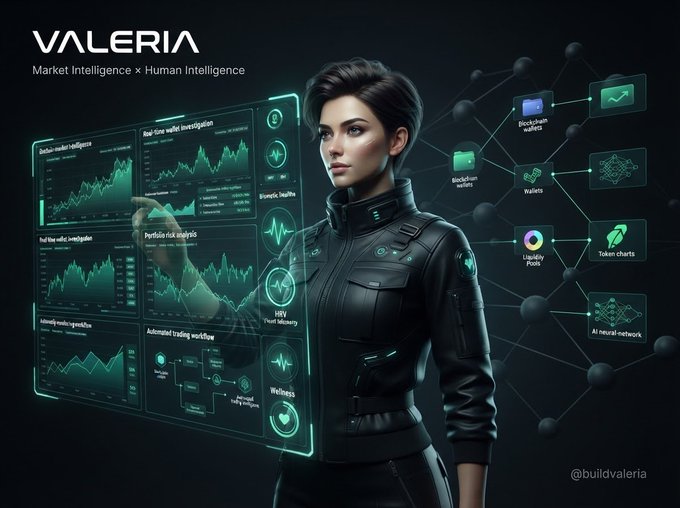 Promotional image for 'VALERIA' featuring the tagline 'Market Intelligence × Human Intelligence', showing a woman in futuristic attire interacting with holographic charts and cryptocurrency-themed data panels (@buildvaleria).