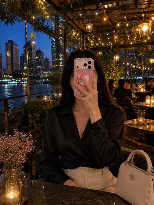 A woman in a black blouse and white pants takes a mirror photo at a candlelit riverside restaurant, with a white Prada handbag on the table and a city skyline behind her. The evening dinner setting relates to her post asking how much it would cost in $SOL and whether she can “get GE back.”