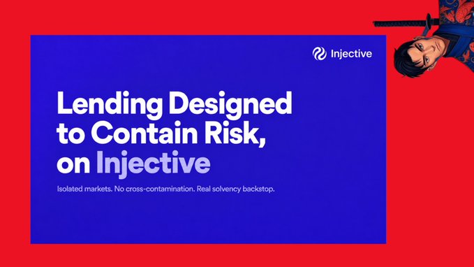 An advertisement graphic reads 'Lending Designed to Contain Risk, on Injective' alongside a person falling upside down against a red and blue background.