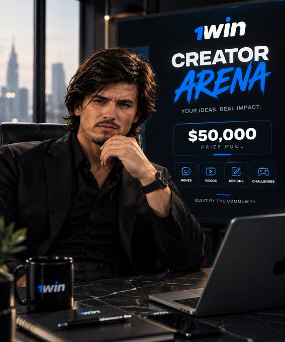 A man with tousled hair sits thoughtfully at a desk with a '1win' mug and laptop, next to a promotional poster for '1win CREATOR ARENA' featuring a '$50,000 PRIZE POOL'.