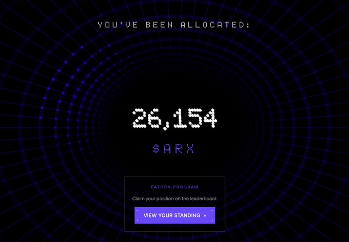 The image shows a screenshot of a computer screen with a purple background, displaying a scoreboard or scorecard that reads "You've been allocated 26,154 tokens for ARX". The text also mentions that the user has won their first game on this platform.