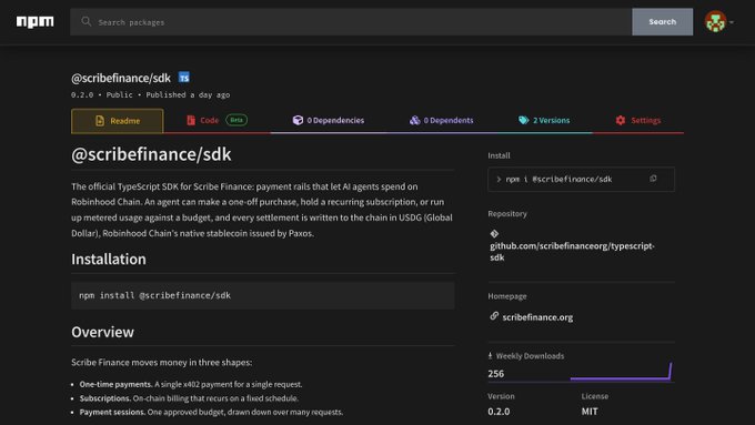 A screenshot of the npm package page for @scribefinance/sdk, version 0.2.0, showing installation instructions and 256 weekly downloads. The image relates to the post by showcasing the official TypeScript SDK for Scribe Finance, supporting the mentioned $SCRIBE token project.