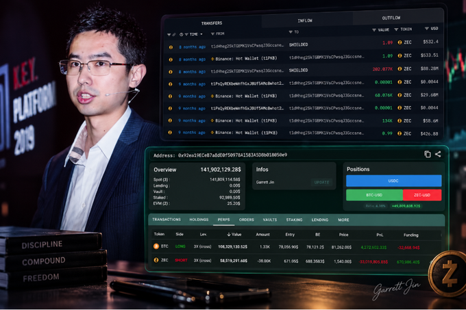 A man speaks at a podium alongside a screen displaying crypto transaction data with ZEC token values and Binance Hot Wallet addresses, with books labeled 'DISCIPLINE', 'COMPOUND', 'FREEDOM' and the signature 'Garrett Jin' visible.