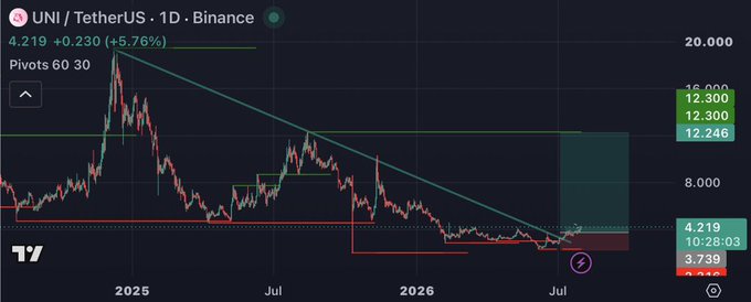 A candlestick chart for "UNI / TetherUS · 1D · Binance" showing a current price of 4.219 (+5.76%), with pivot levels marked at 12.300 and 12.246, and a descending trendline drawn across the chart.