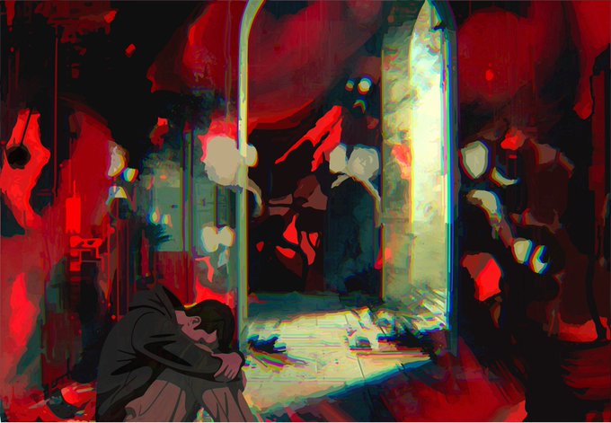 A dark, expressionist painting with red and shadowy tones showing a huddled figure in the lower-left foreground against a distorted, painterly background with abstract vertical structures.