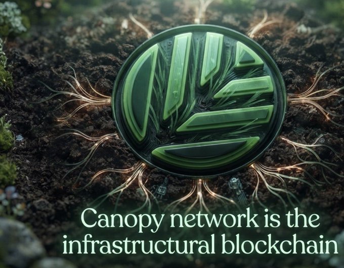 A promotional graphic for Canopy Network showing a green stylized logo over a root/soil background with the text 'Canopy network is the infrastructural blockchain'.