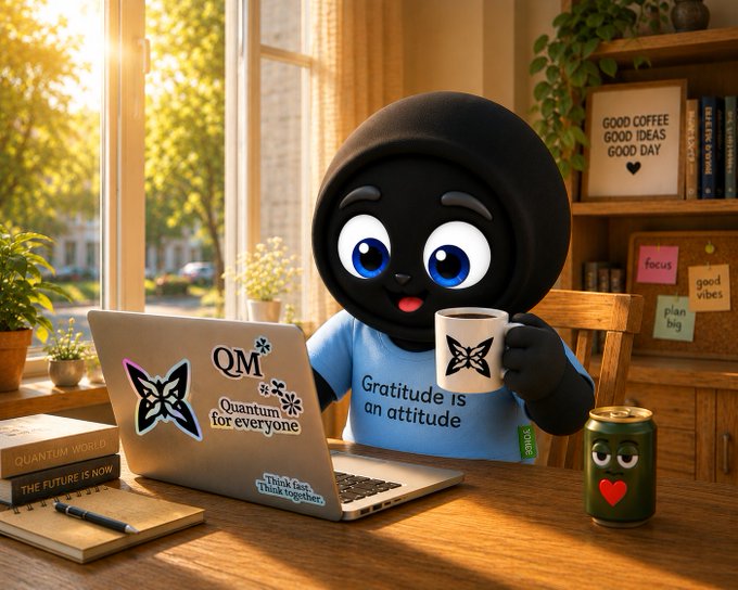 A 3D-rendered cartoon black character with large blue eyes wearing a shirt reading 'Gratitude is an attitude,' sitting at a desk with a laptop displaying 'Quantum for everyone,' holding a mug in a cozy sunlit room with books like 'The Future is Now' and 'Quantum Words' visible.