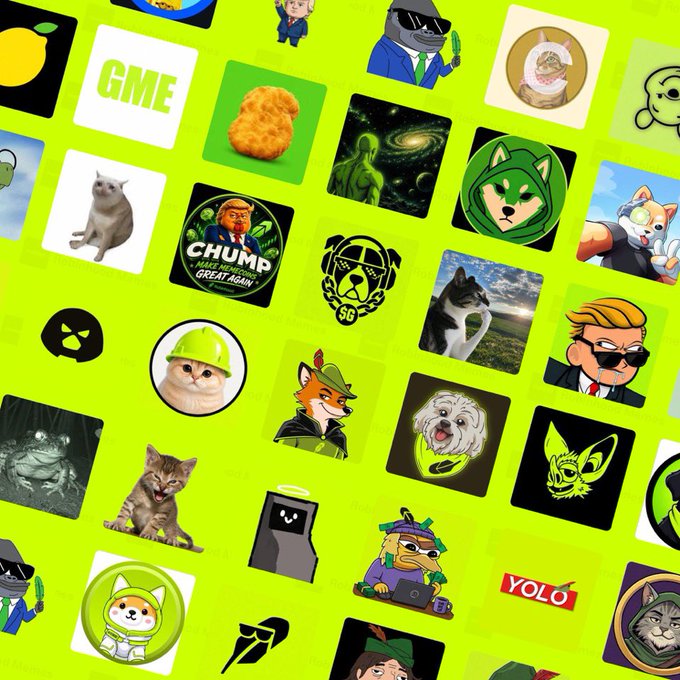A vibrant green background filled with various meme coin logos and avatars, including GME, CHUMP, YOLO, cats, and cartoon characters.