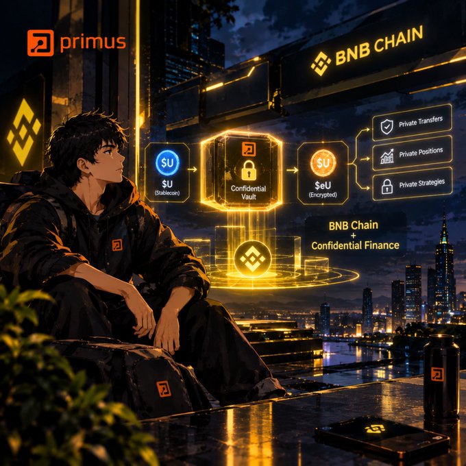 An anime-style promotional image for Primus featuring a young man sitting by a cityscape, showcasing a BNB Chain confidential finance diagram with elements labeled "$U (Stablecoin)", "Confidential Vault", and "$eU (Encrypted)" leading to "Private Transfers", "Private Positions", and "Private Strategies".