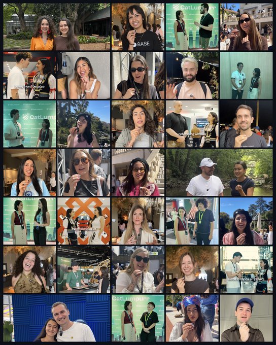 A collage of photos from the CatLumen Base event showing various attendees being interviewed outdoors.