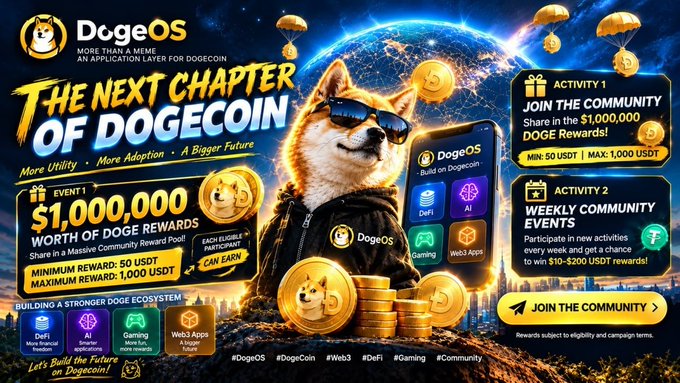 A promotional banner for 'DogeOS' advertises 'THE NEXT CHAPTER OF DOGECOIN' with a Shiba Inu mascot wearing sunglasses, offering a $1,000,000 DOGE reward event and details about community activities and a robust DeFi ecosystem.