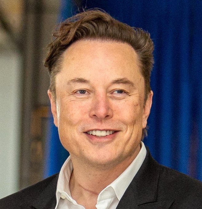 A professional headshot of Elon Musk smiling, wearing a dark suit and white shirt, with a blue curtain in the background.