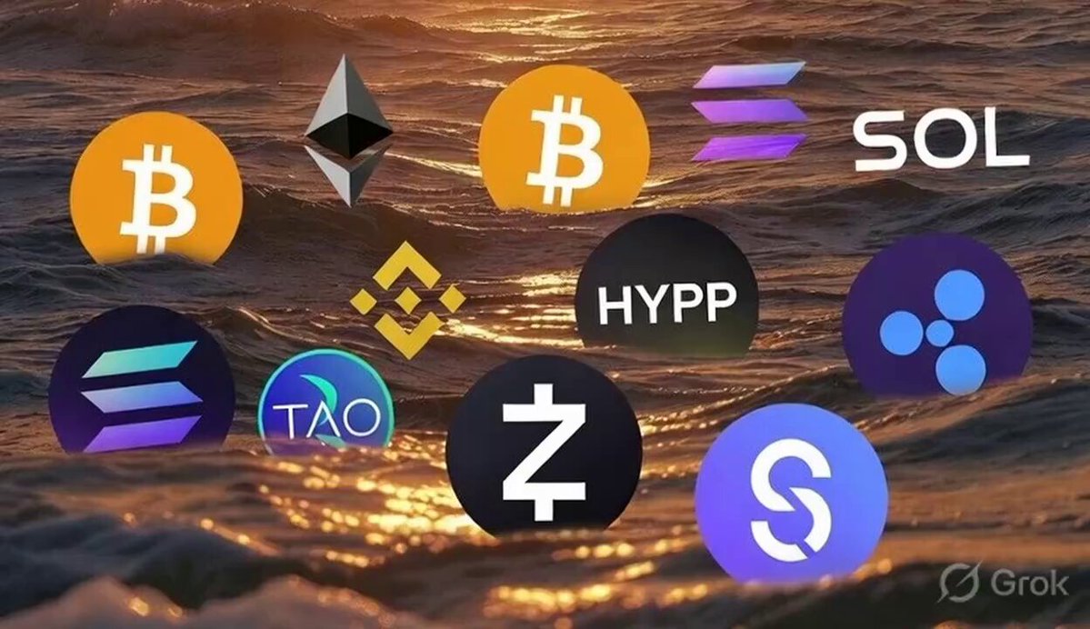 The image features a collection of logos for various cryptocurrencies, including Bitcoin, Etherium, Ripple, Solana, Huobi, Binance, Tao, Zcash, HYP, BNB, and XRP. The logos are arranged in a grid-like pattern with each cryptocurrency occupying its own space within the frame. The background is a blurred image of water, which complements the digital nature of the cryptocurrencies displayed on the image.