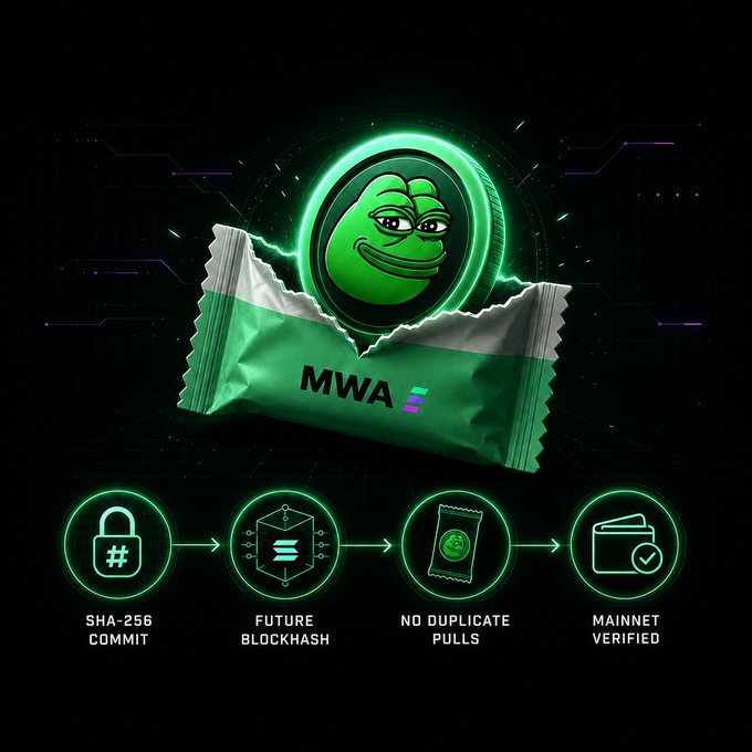 A Pepe the Frog meme graphic associated with the 'MWA' crypto token, showing a torn green wrapper and icons indicating 'SHA-256 COMMIT', 'FUTURE BLOCKHASH', 'NO DUPLICATE PULLS', and 'MAINNET VERIFIED'.