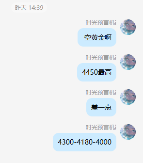 A Chinese chat conversation from yesterday at 14:39 discussing stock prices with messages about 445 being highest, "差一点" (almost), and price ranges 4300-4180-4000.
