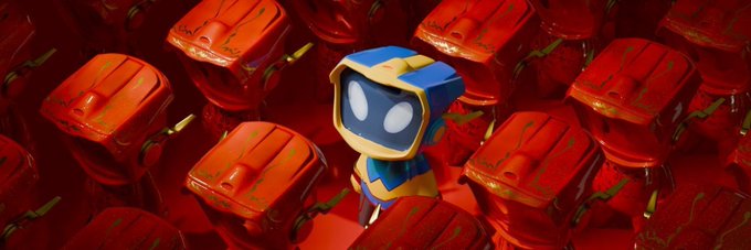 A 3D rendered blue robotic character with glowing white eyes stands among a sea of red, weathered industrial containers.