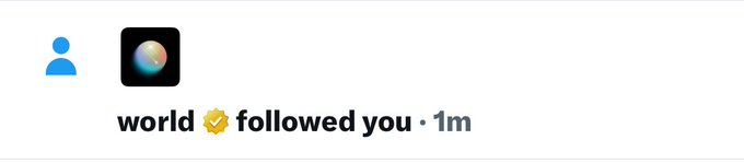 A social media notification showing 'world followed you • 1m' next to a circular icon featuring a planet/moon graphic.