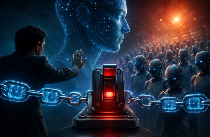 The image depicts a man standing before a glowing red kill switch chained to rows of humanoid robots, with a translucent digital AI figure looming in the background. It visually reinforces the post's message by symbolizing Tom Lee's vision of a blockchain-based mechanism as humanity's last safeguard to maintain control over potentially autonomous AI.