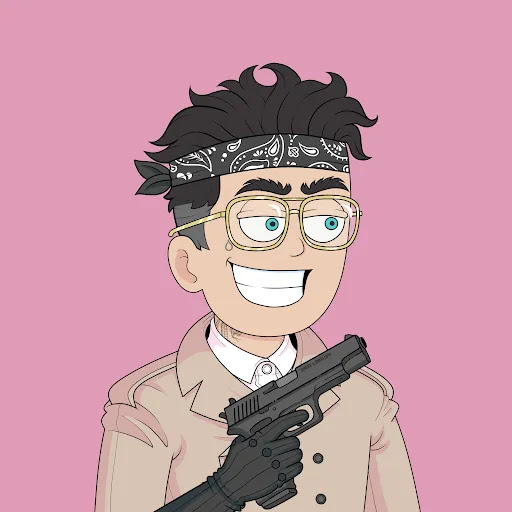 An anime-style cartoon illustration of a man with messy dark hair, a black bandana, yellow-rimmed glasses, and a beige coat holding a handgun, set against a pink background.