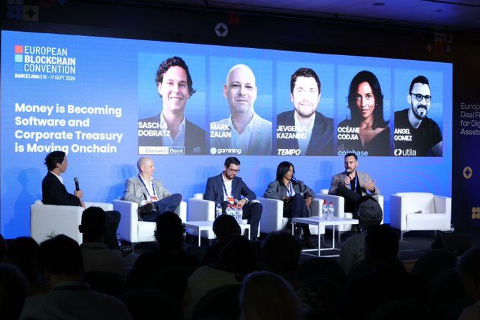 A panel discussion at the European Blockchain Convention in Barcelona (16-17 Sept 2025) titled 'Money is Becoming Software and Corporate Treasury is Moving Onchain' featuring speakers Sascha Dobratz (Deutsche Bank), Mark Zalan (Morning), Jevgenijs Kazanecs (Tempo), Océane Couja (Coinbase), and Aniol Gomez (Utila).